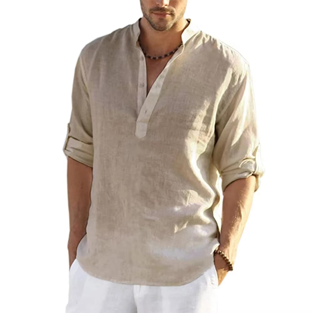 Mens Cotton Linen Shirt - Sleeved Shirts Summer Collar Casual  (Plus size Available)