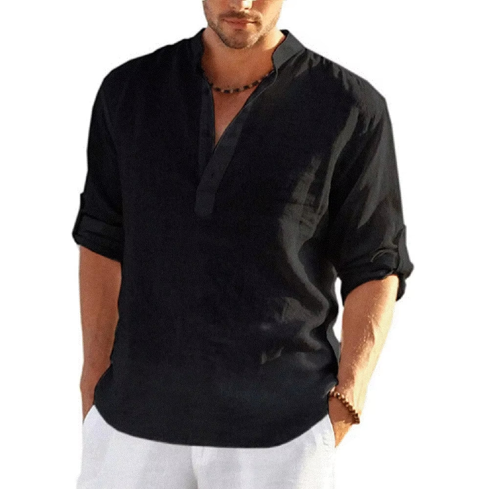 Mens Cotton Linen Shirt - Sleeved Shirts Summer Collar Casual  (Plus size Available)