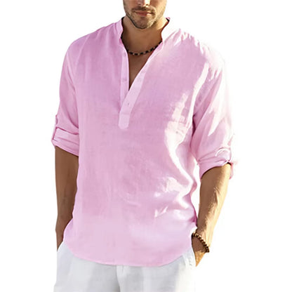 Mens Cotton Linen Shirt - Sleeved Shirts Summer Collar Casual  (Plus size Available)