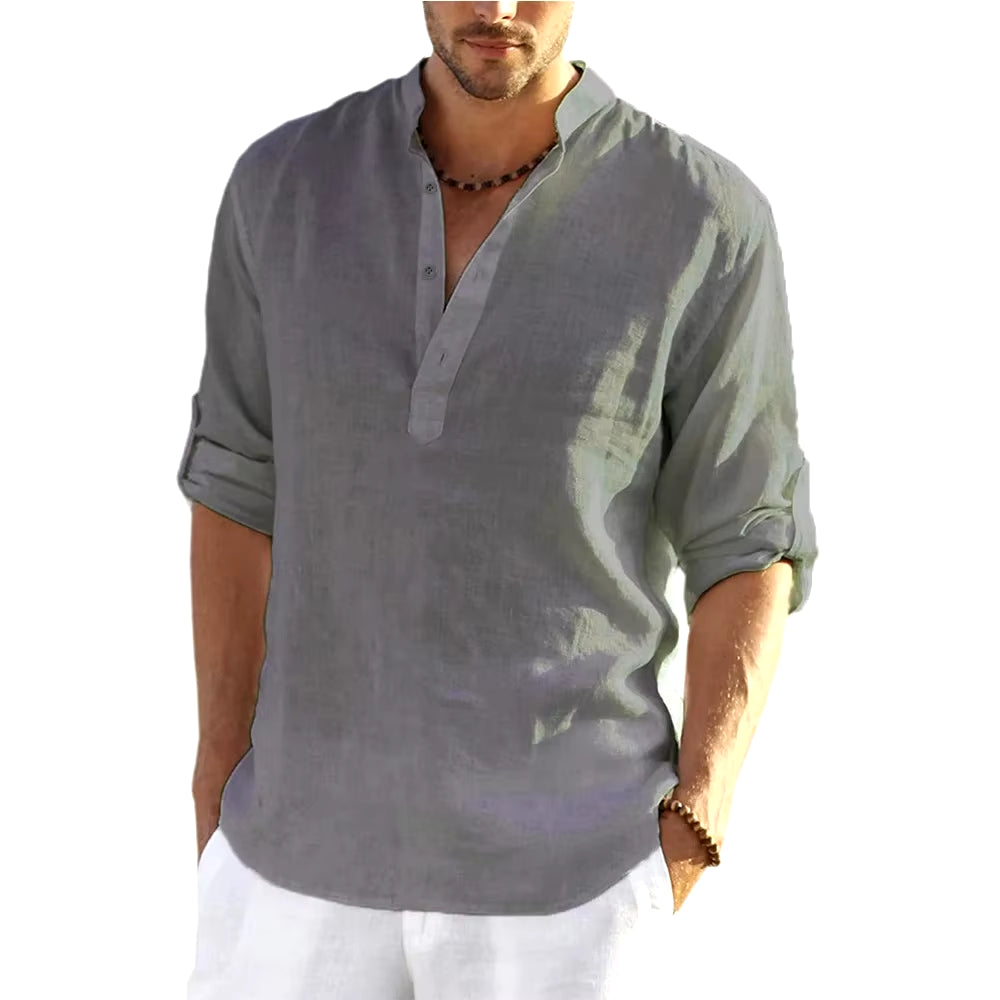 Mens Cotton Linen Shirt - Sleeved Shirts Summer Collar Casual  (Plus size Available)