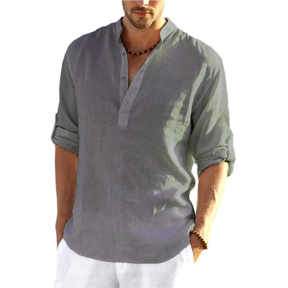 Mens Cotton Linen Shirt - Sleeved Shirts Summer Collar Casual  (Plus size Available)