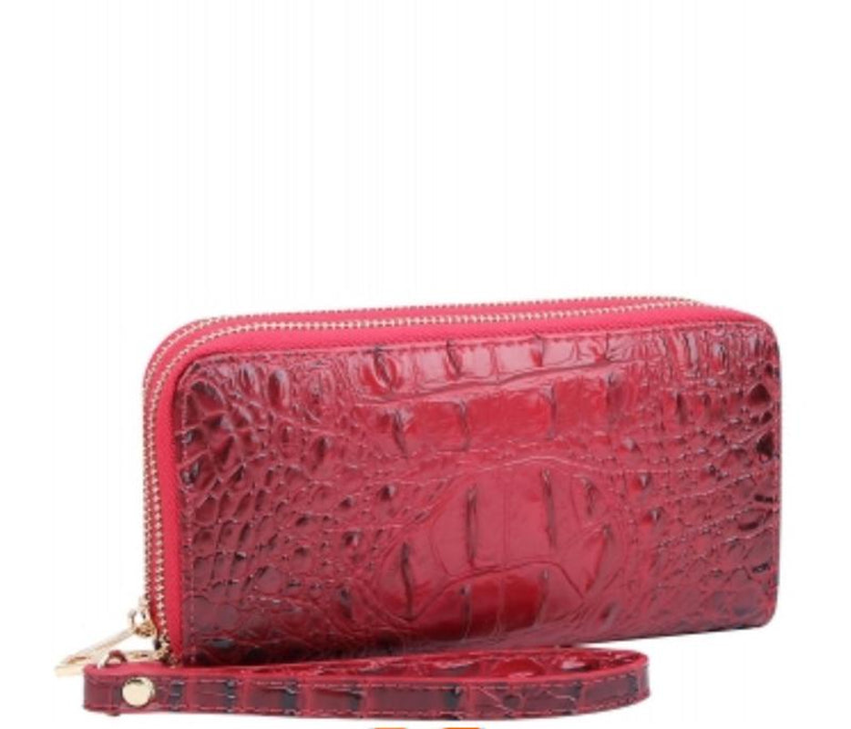 Croc Alligator Double Zip around Wallet Wristlet