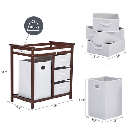 Wooden Baby Changing Table, Diaper Changing Table, Infant Diaper Changing Station Dresser with Laundry Hamper, 3 Drawer Basket and Changing Pad