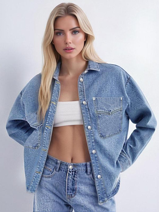 Women's Plain Button Front Drop Shoulder Curved Hem Denim Jacket,  For All Seasons Clothes 2024