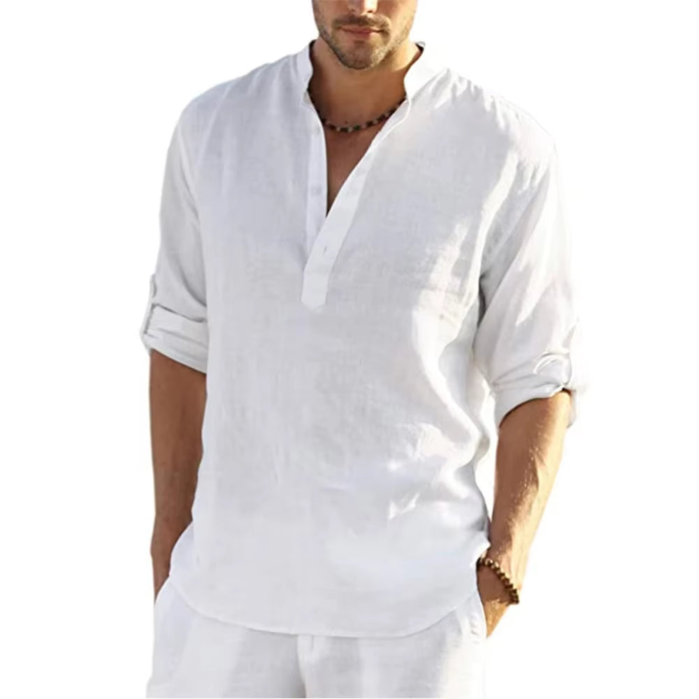 Mens Cotton Linen Shirt - Sleeved Shirts Summer Collar Casual  (Plus size Available)